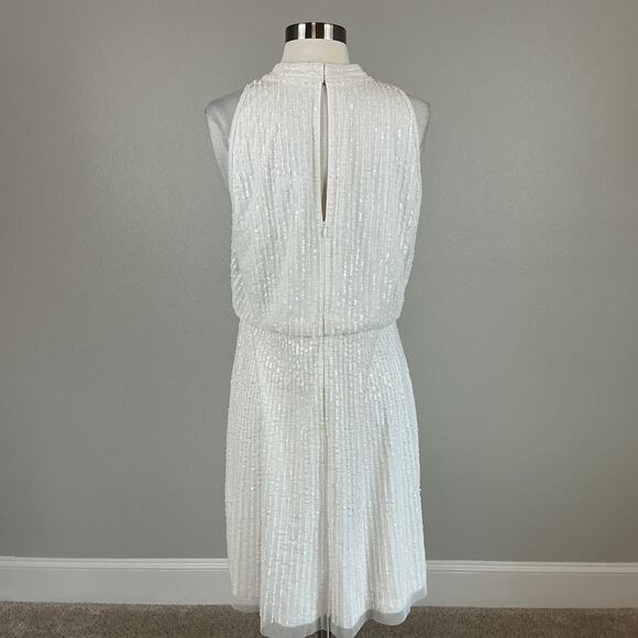 Adrianna Papell Sequined Sleeveless Halter Sheath Cocktail Dress White Size 10 - Picture 6 of 12